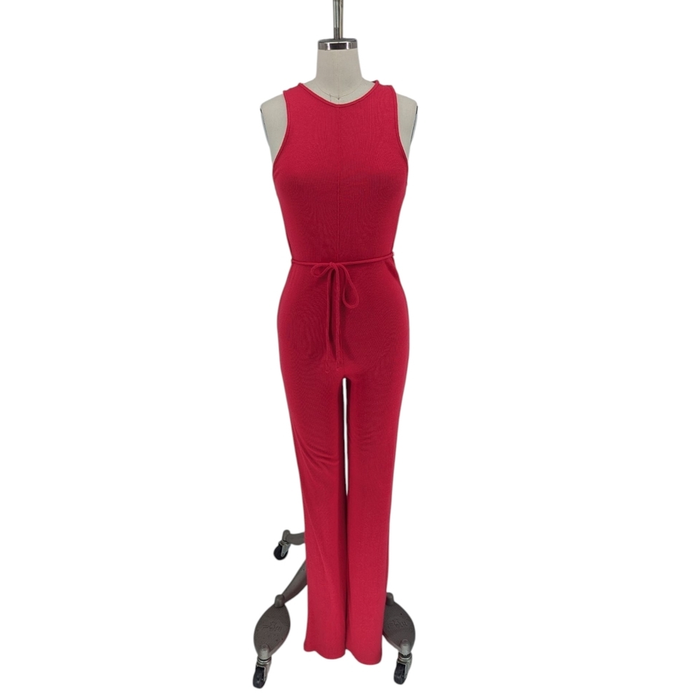 01098 Zara Ribbed Knit Wide Leg Jumpsuit Pink size Small casual retro sexy